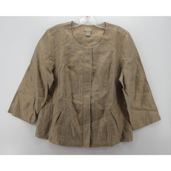 Chico's Jackets & Blazers - Chicos Jacket 1 Tan Linen Blazer Coat Shiny Lagenlook Zip Up Medium